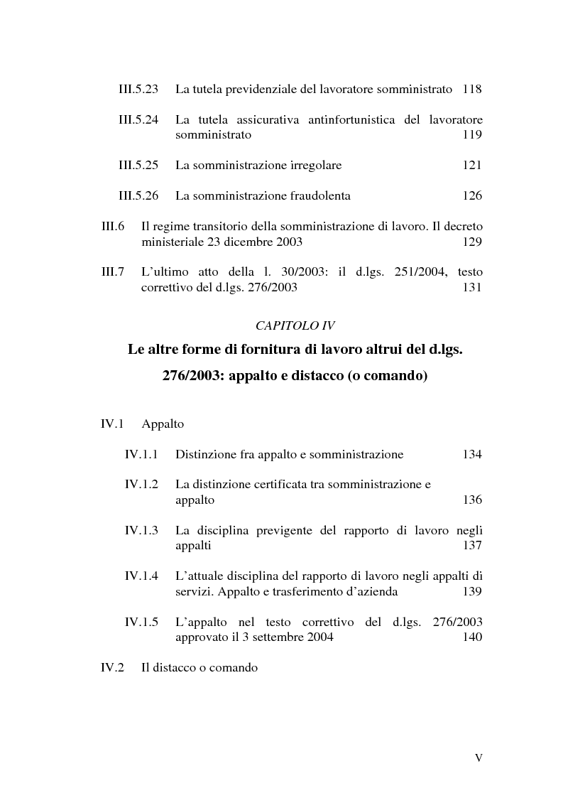 Indice della tesi: Dal divieto d'interposizione nella manodopera alla somministrazione di lavoro, Pagina 5