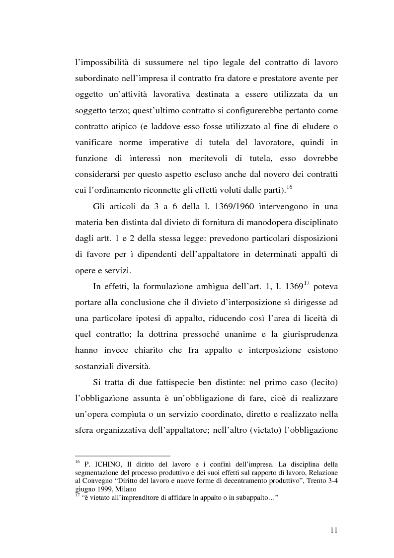 Anteprima della tesi: Dal divieto d'interposizione nella manodopera alla somministrazione di lavoro, Pagina 11