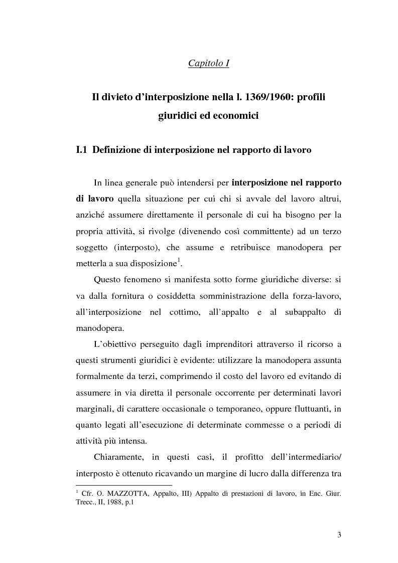 Anteprima della tesi: Dal divieto d'interposizione nella manodopera alla somministrazione di lavoro, Pagina 3