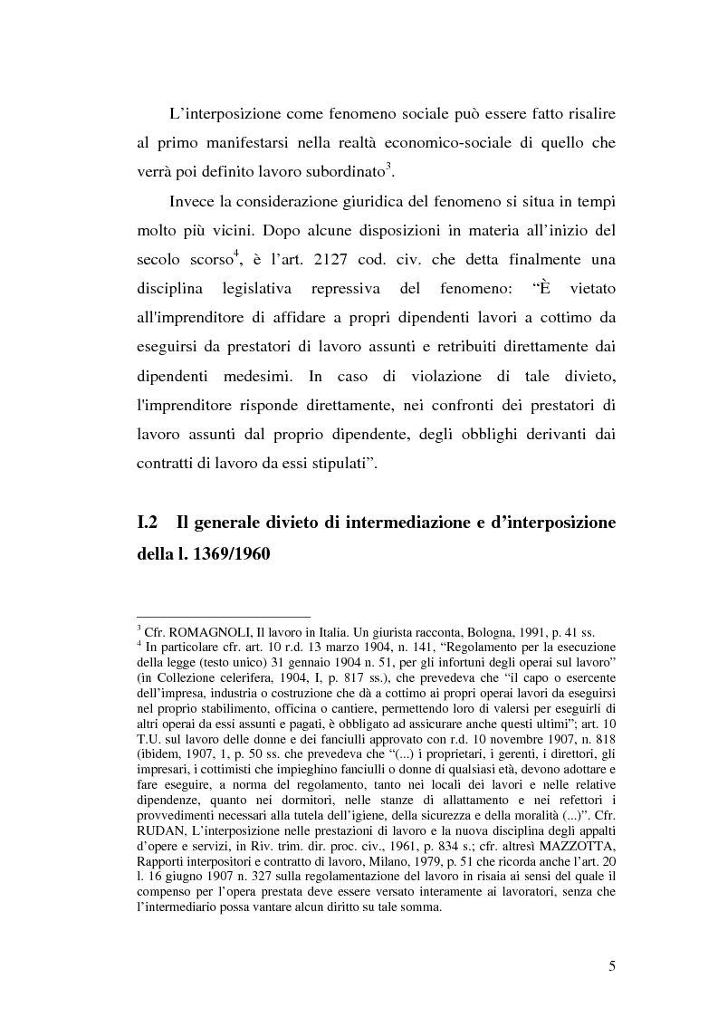 Anteprima della tesi: Dal divieto d'interposizione nella manodopera alla somministrazione di lavoro, Pagina 5