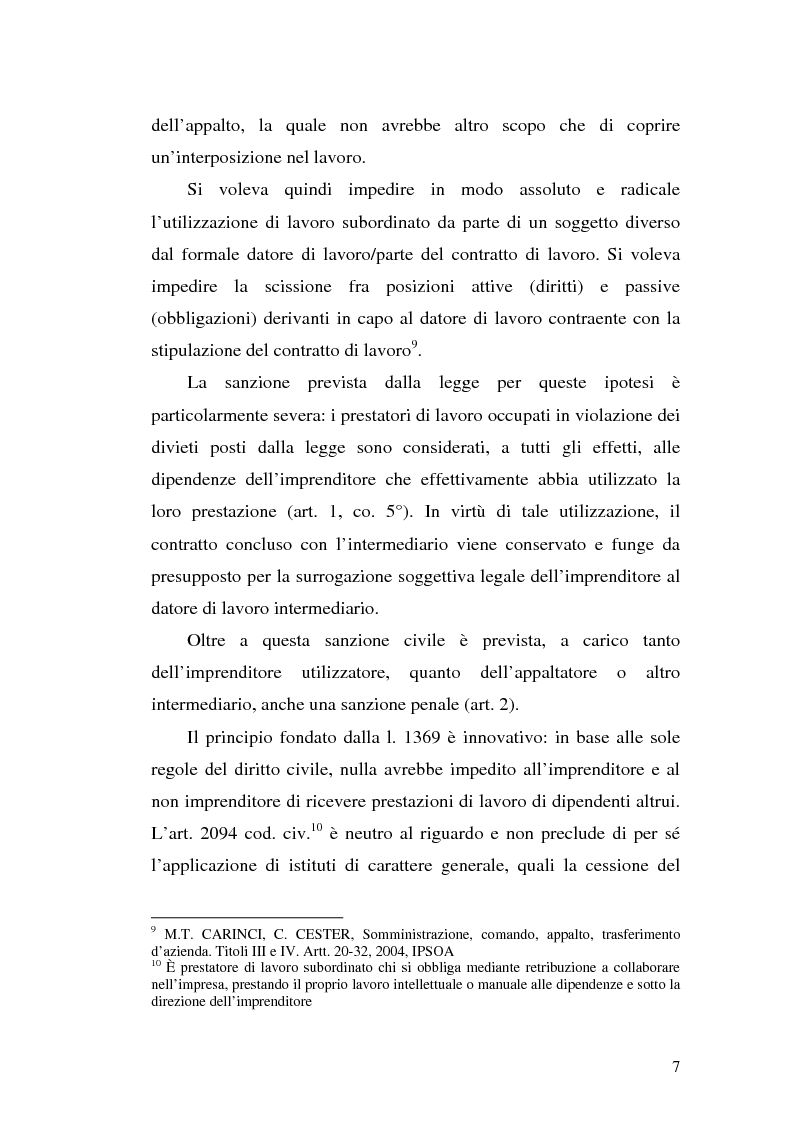 Anteprima della tesi: Dal divieto d'interposizione nella manodopera alla somministrazione di lavoro, Pagina 7