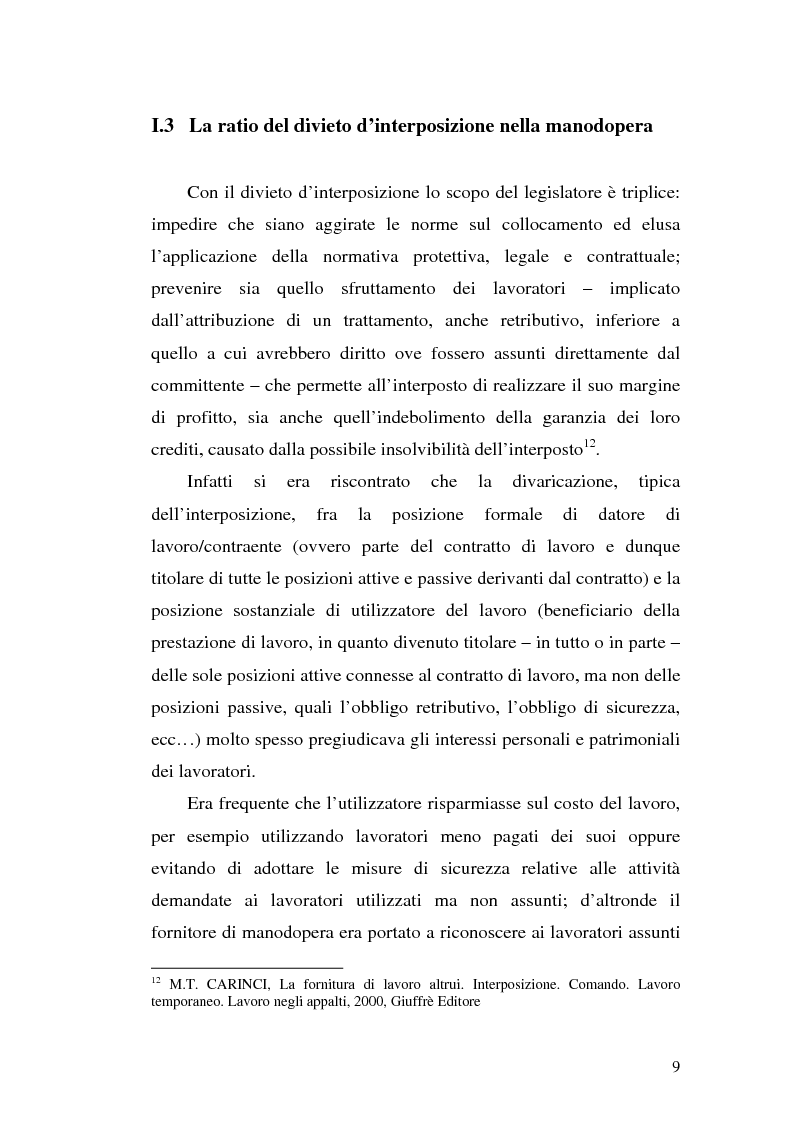 Anteprima della tesi: Dal divieto d'interposizione nella manodopera alla somministrazione di lavoro, Pagina 9