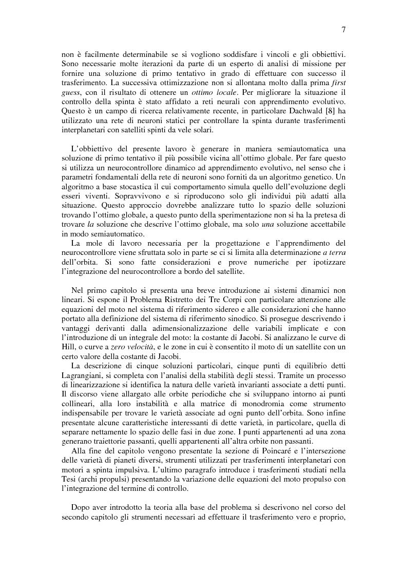 Anteprima della tesi: Trasferimenti Interplanetari a Bassa Spinta Tramite Varietà Invarianti e Neurocontrollori Evolutivi, Pagina 3