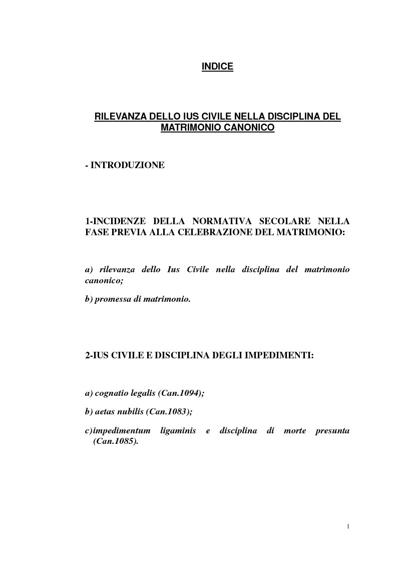 Indice della tesi: Rilevanza dello ius civile nella disciplina del matrimonio canonico, Pagina 1