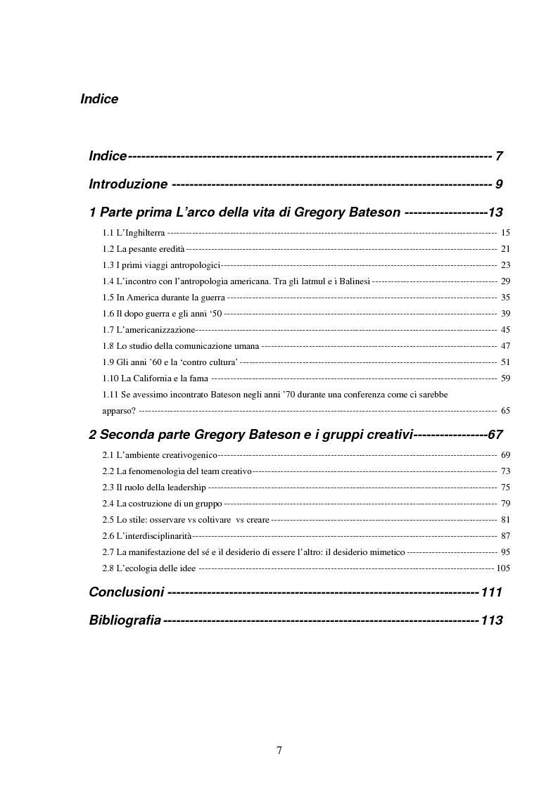 Indice della tesi: Forme amorfe in un campo vitale: i gruppi creativi nella vita e nel pensiero di Gregory Bateson, Pagina 1
