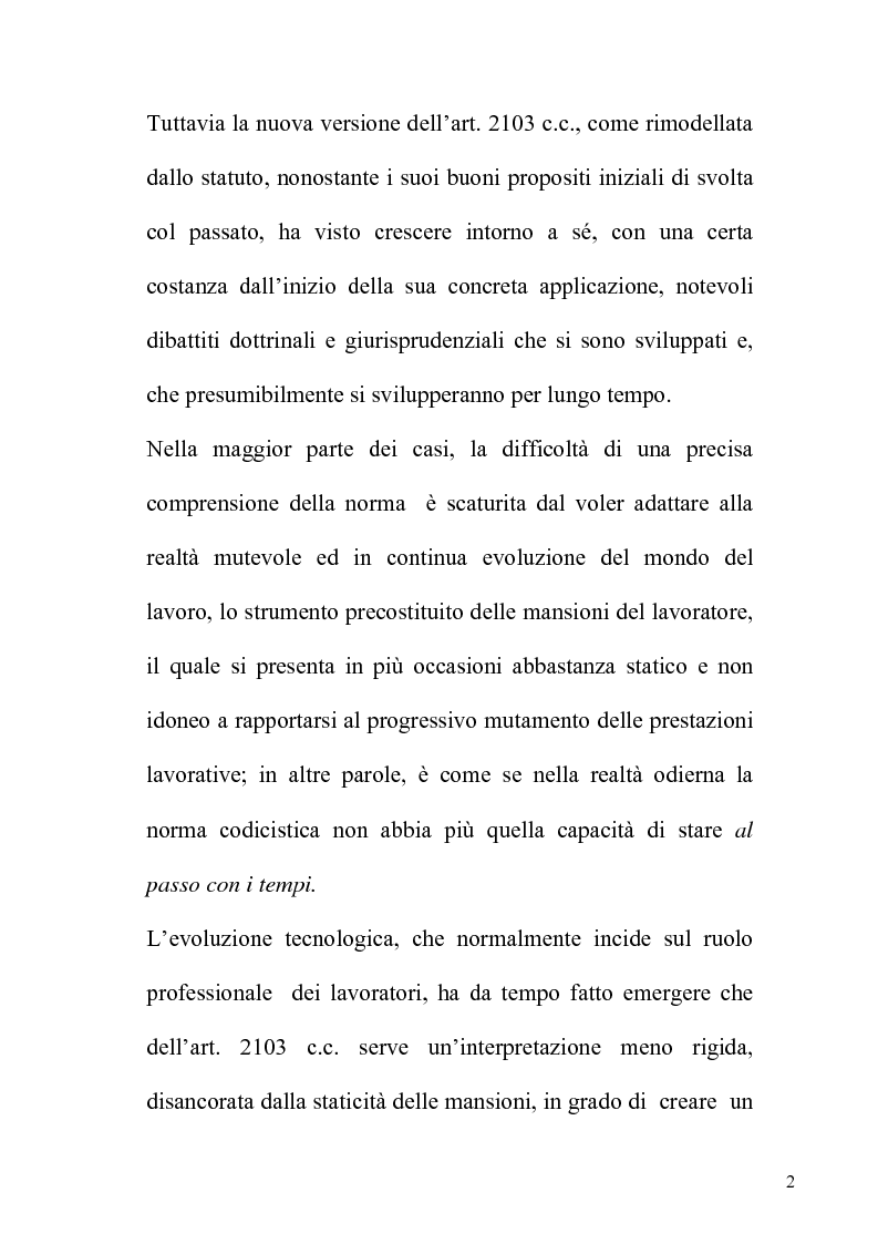 Anteprima della tesi: Orientamenti giurisprudenziali e dottrinali sull'art. 2103 del c.c. in tema di mansioni del lavoratore, Pagina 2