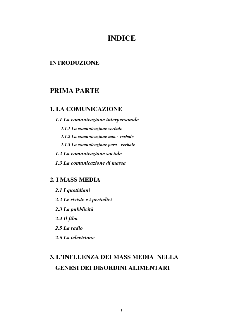 Indice della tesi: L'influenza dei mass media nella genesi dei disordini alimentari: anoressia e bulimia, Pagina 1