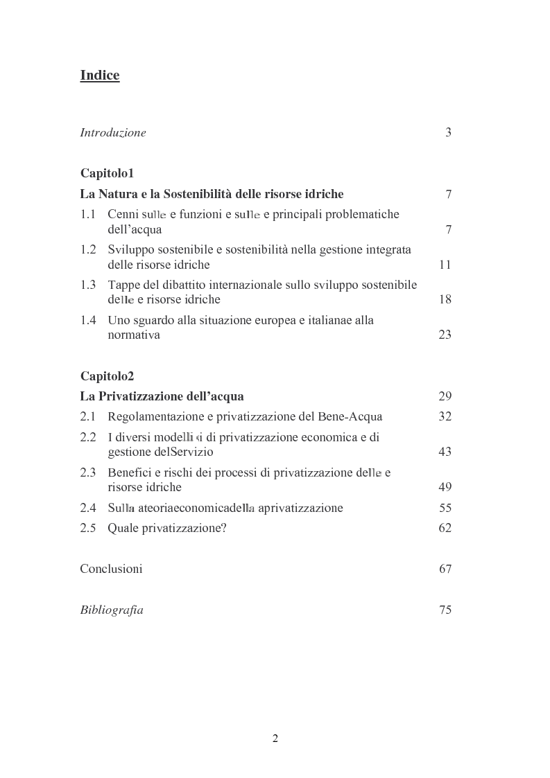 Indice della tesi: "Acqua: Bene di tutti". Fonte di vita o prodotto industriale? Sviluppo sostenibile e Privatizzazione delle risorse idriche., Pagina 1