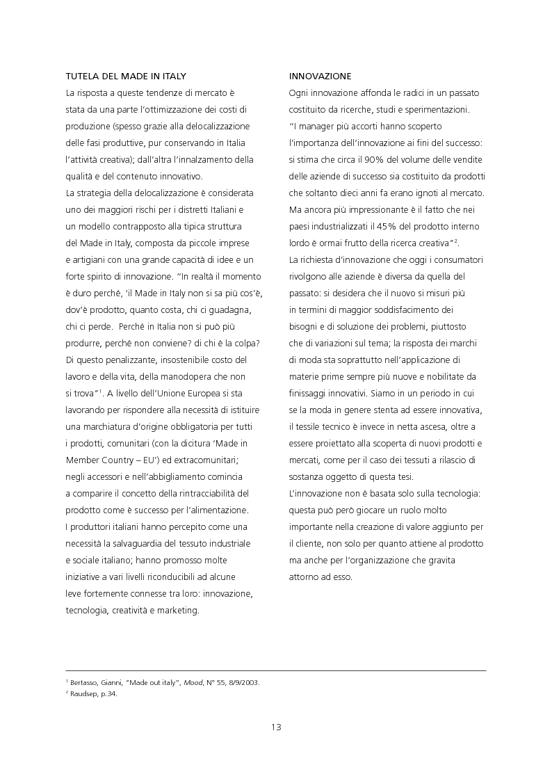 Anteprima della tesi: Il ruolo del design di moda per una strategia di sviluppo e di diffusione dell'innovazione tessile. Applicazione dei tessuti a rilascio di sostanza JL Well Being/Bayer Chemicals Italia per la linea Imec Sentirsi Bene., Pagina 4