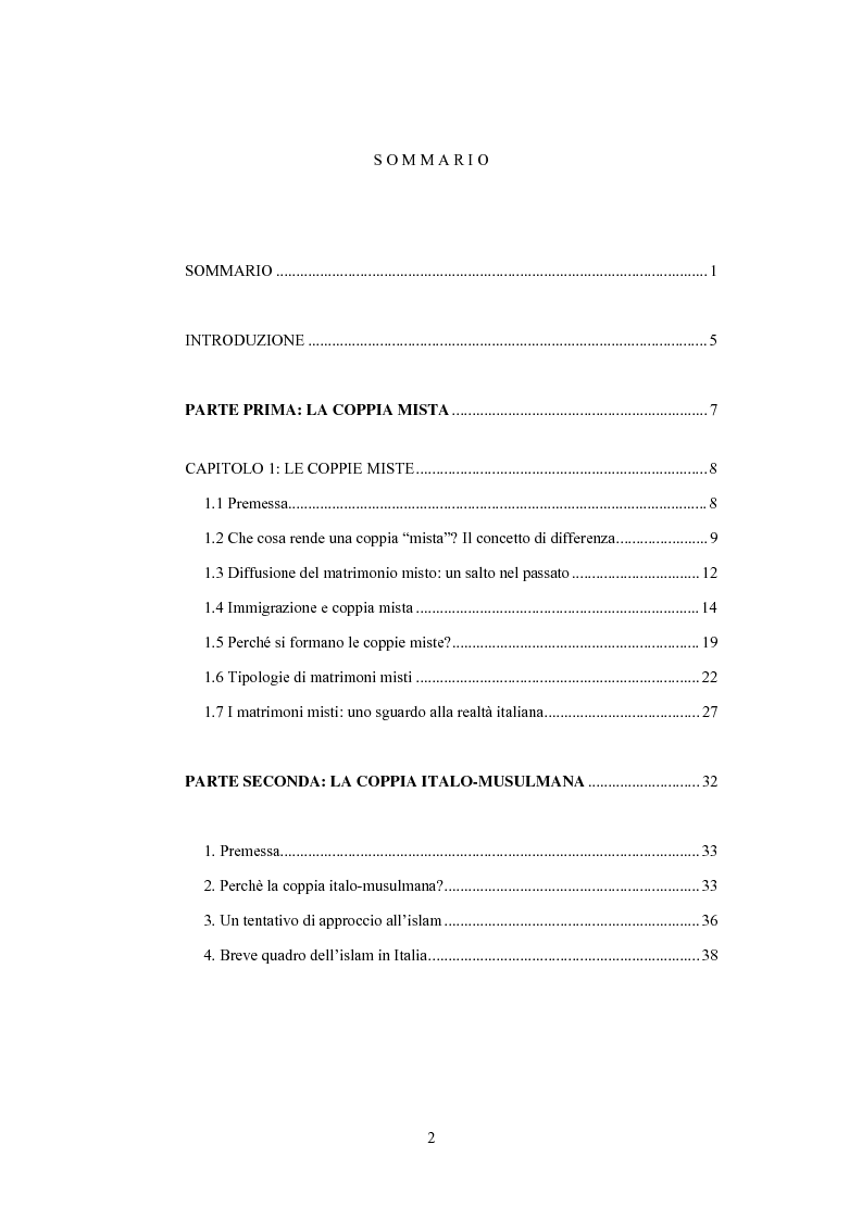 Indice della tesi: E se Romeo si chiamasse Alì? Le coppie italo-musulmane, Pagina 1