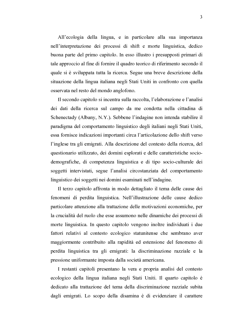 Anteprima della tesi: Ecolinguistica dell'Italiano negli Stati Uniti. Dinamiche del processo di perdita linguistica tra gli emigrati italiani nel territorio statunitense, Pagina 3