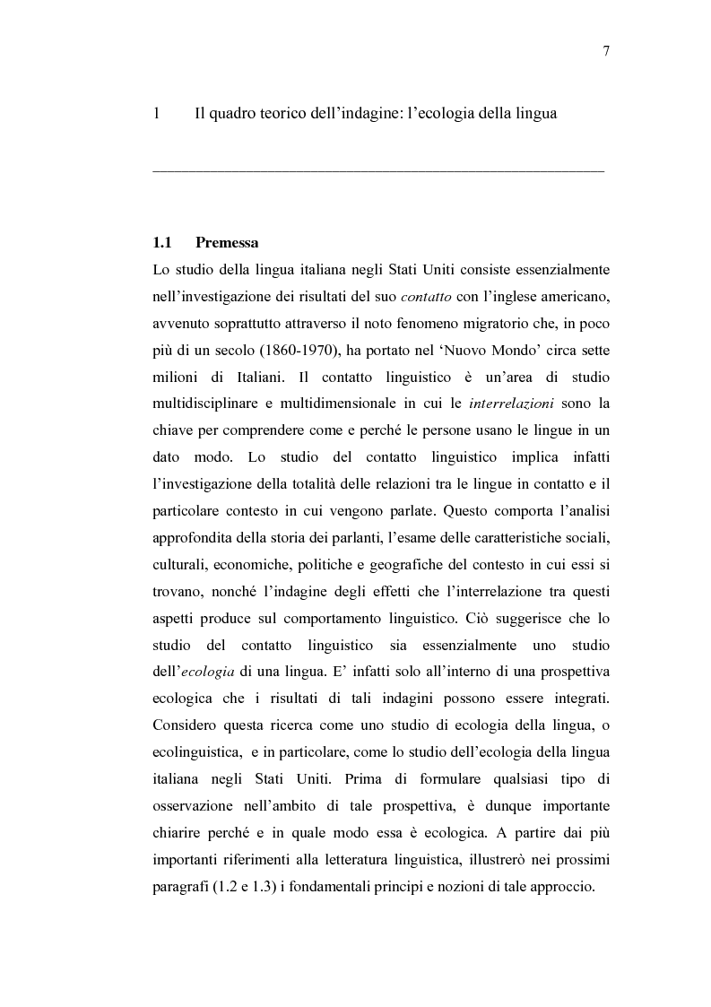 Anteprima della tesi: Ecolinguistica dell'Italiano negli Stati Uniti. Dinamiche del processo di perdita linguistica tra gli emigrati italiani nel territorio statunitense, Pagina 7