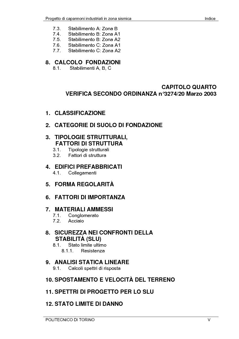 Indice della tesi: Progetto di capannoni industriali in zona sismica secondo nuova normativa, Pagina 5