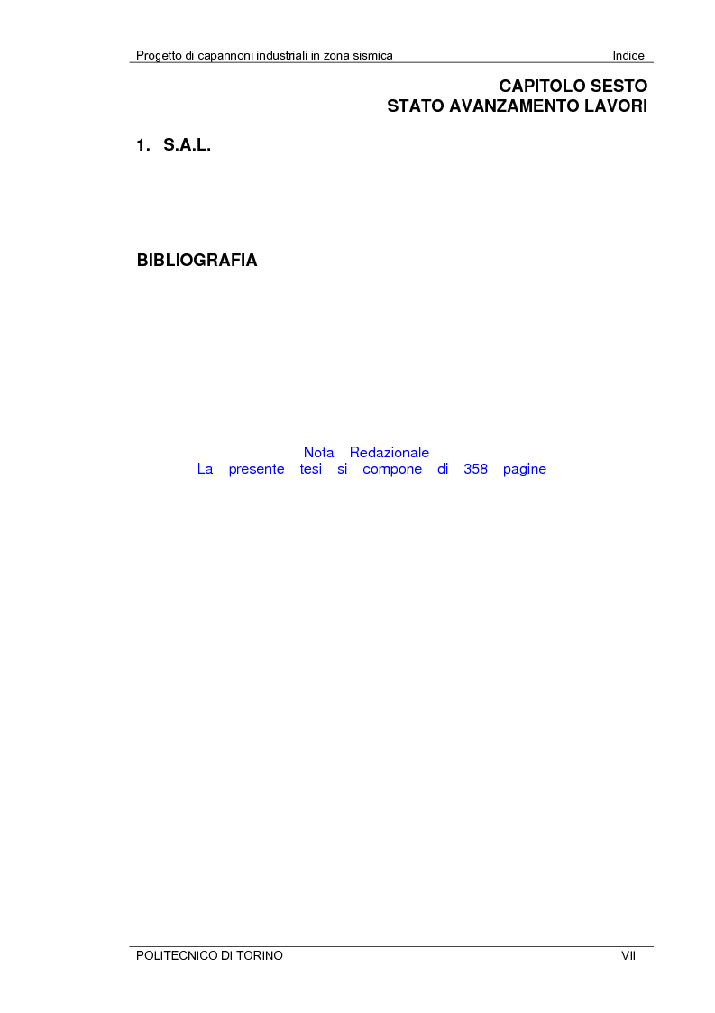 Indice della tesi: Progetto di capannoni industriali in zona sismica secondo nuova normativa, Pagina 7