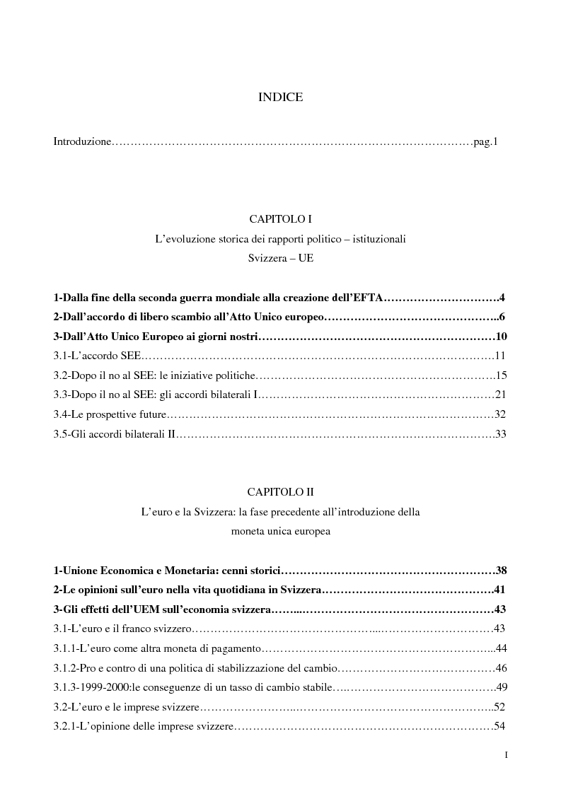 Indice della tesi: Relazioni economiche Svizzera-EU: le conseguenze dell'adozione dell'Euro, Pagina 1