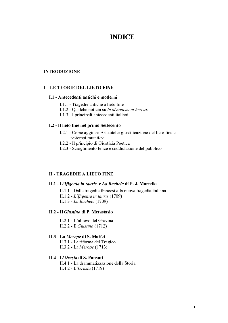 Indice della tesi: Tragedie a lieto fine del primo Settecento, Pagina 1