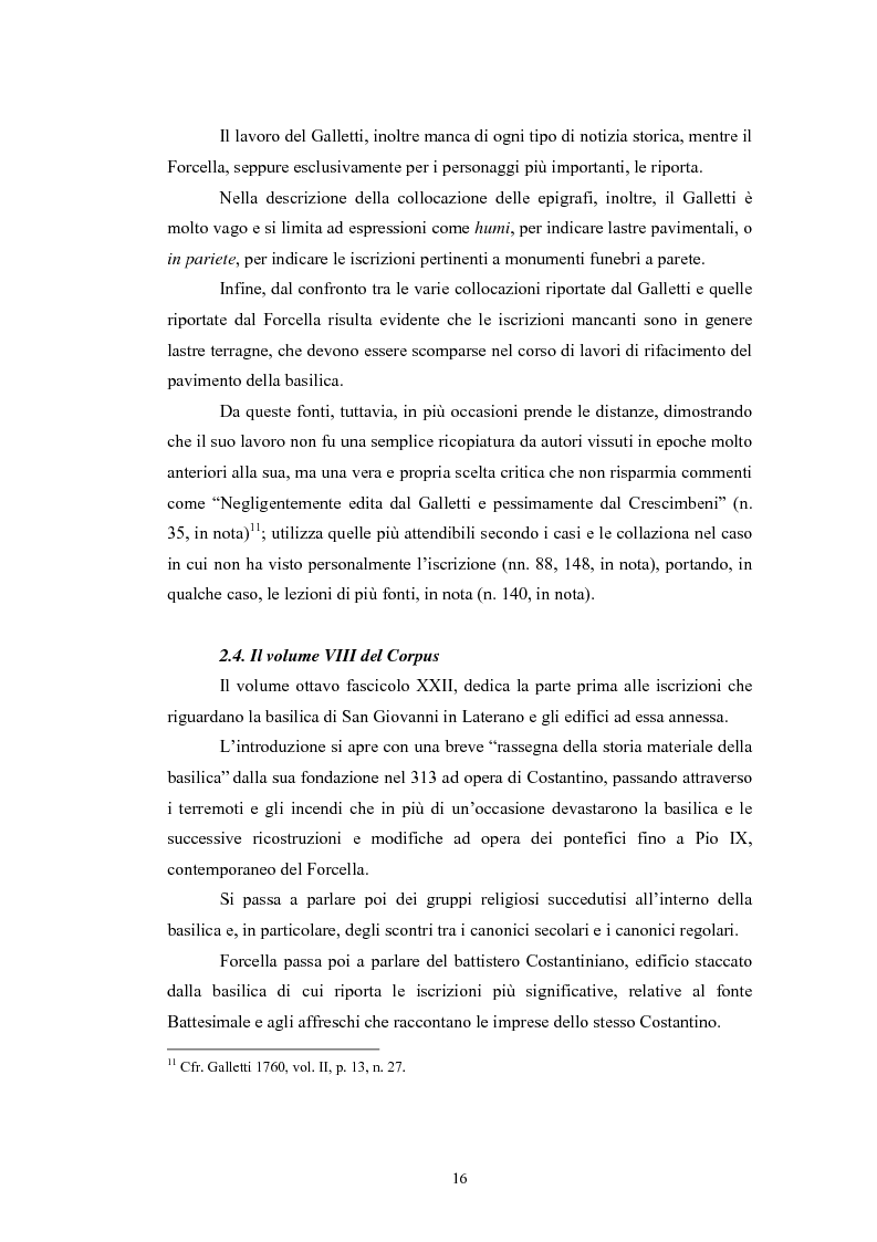 Anteprima della tesi: Contributo all'epigrafia di Roma. Le iscrizioni della basilica di San Giovanni in Laterano. Revisione del volume VIII del corpus di Vincenzo Forcella., Pagina 13