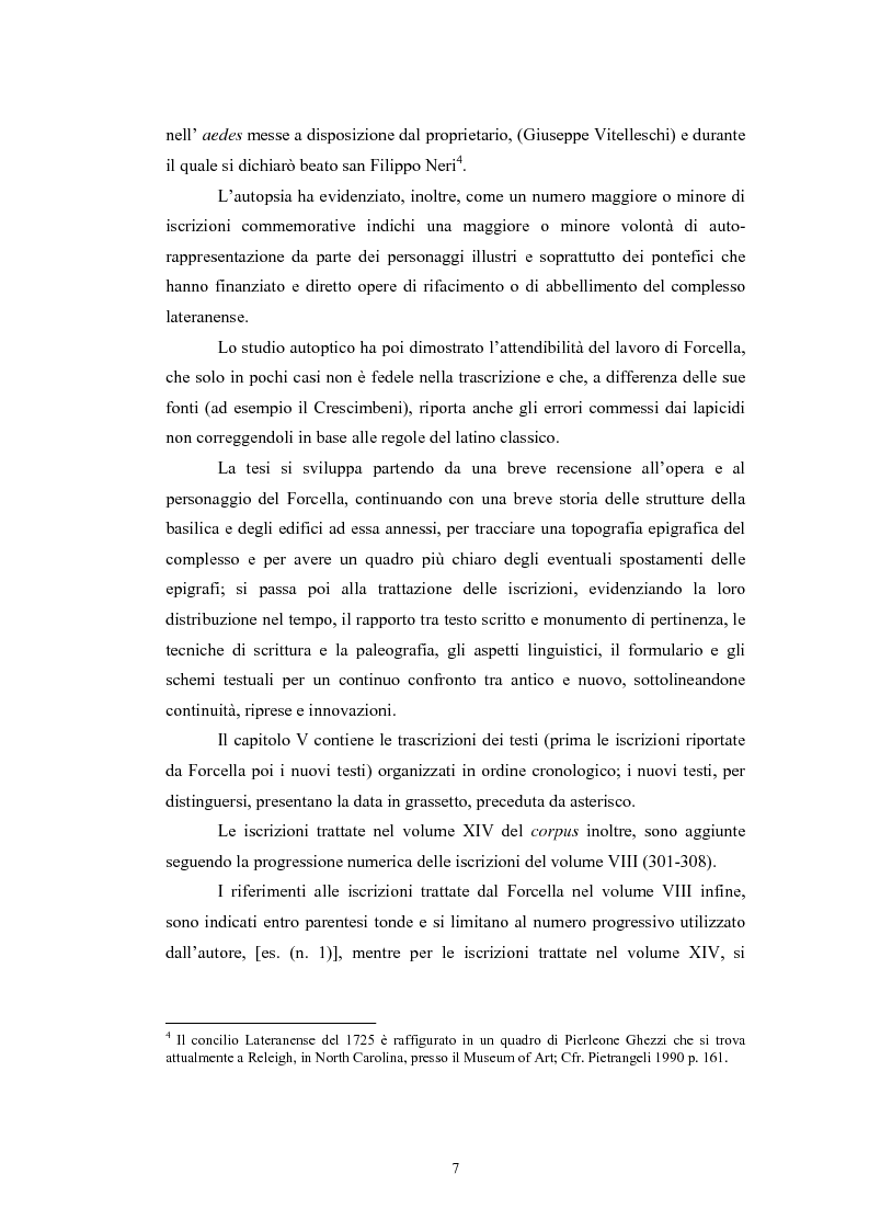 Anteprima della tesi: Contributo all'epigrafia di Roma. Le iscrizioni della basilica di San Giovanni in Laterano. Revisione del volume VIII del corpus di Vincenzo Forcella., Pagina 4