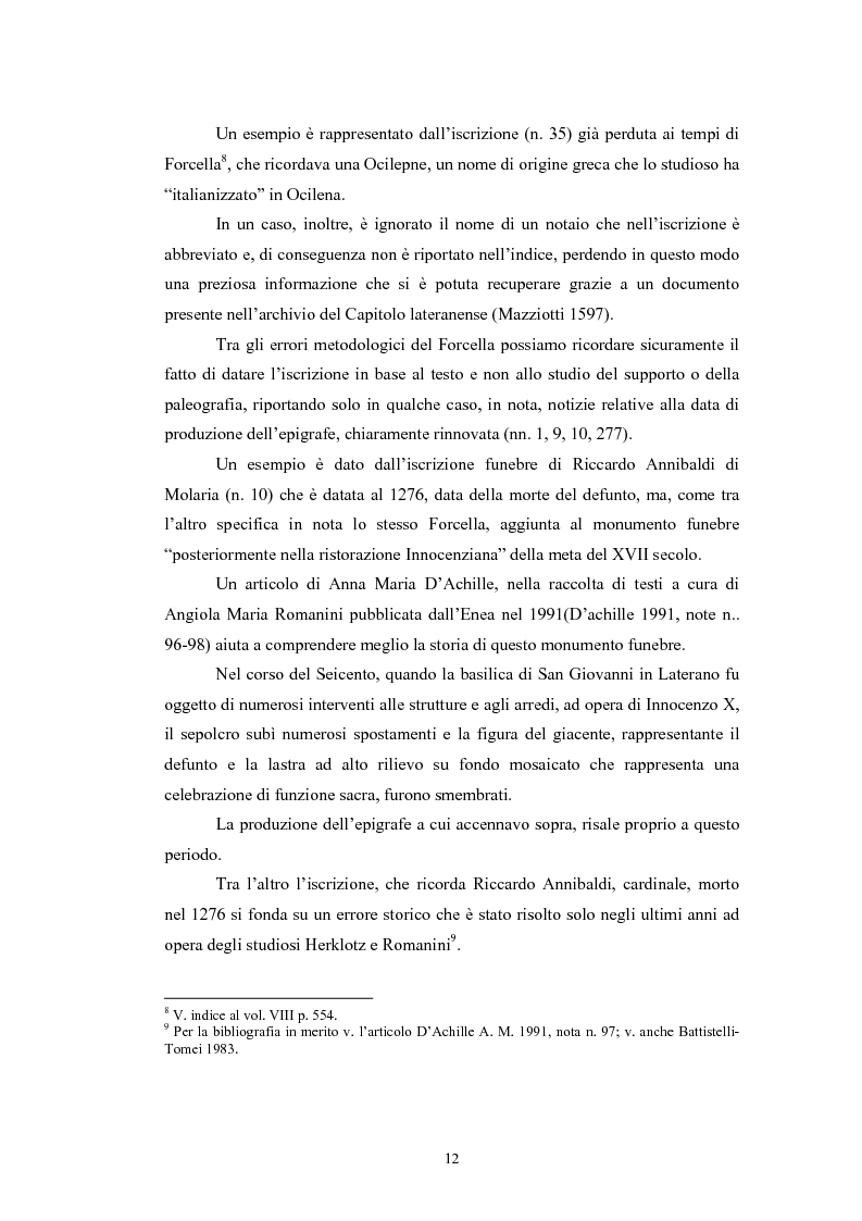Anteprima della tesi: Contributo all'epigrafia di Roma. Le iscrizioni della basilica di San Giovanni in Laterano. Revisione del volume VIII del corpus di Vincenzo Forcella., Pagina 9