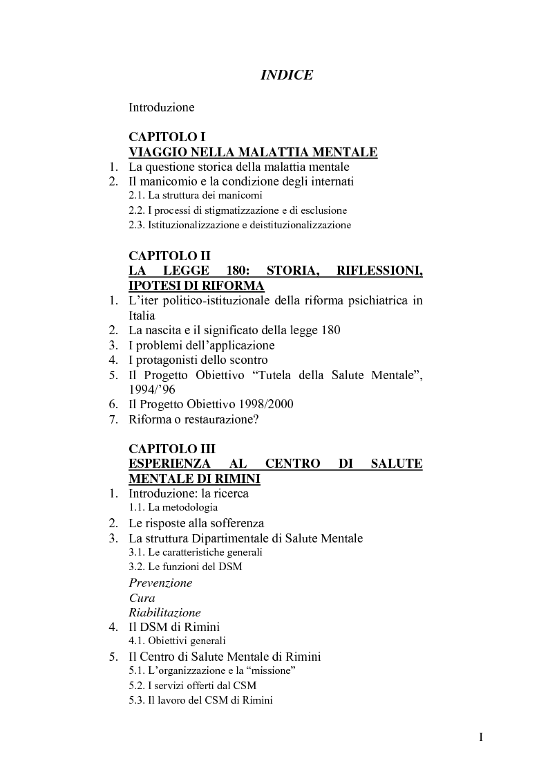 Indice della tesi: Il trattamento della malattia mentale. Il CSM di Rimini, Pagina 1