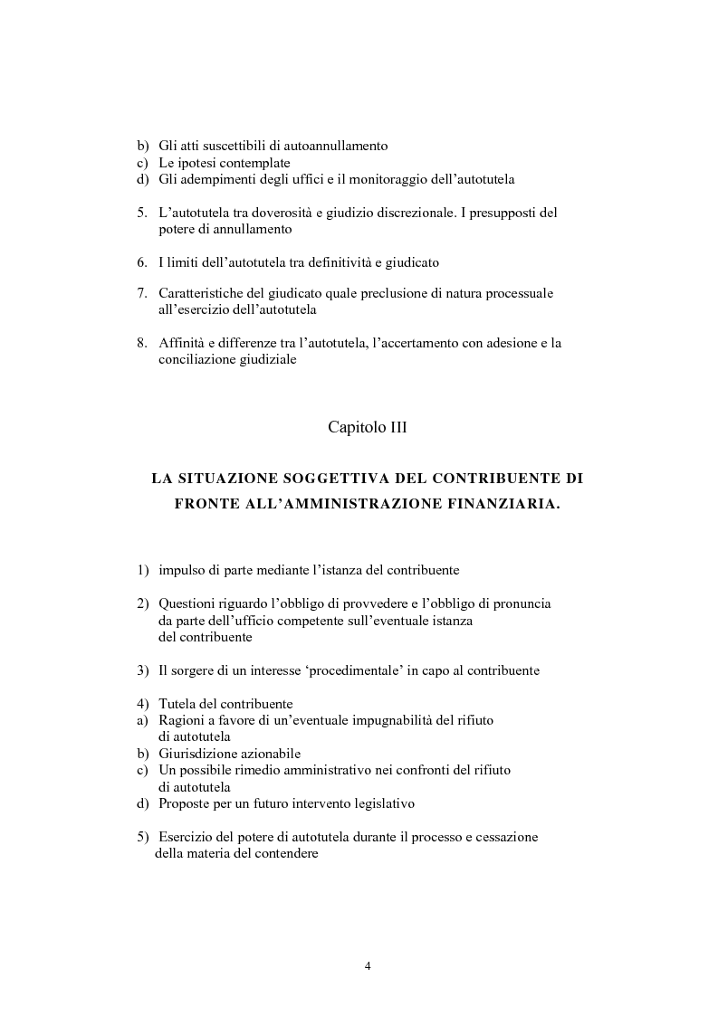 Indice della tesi: L'autotutela nel diritto tributario con particolare riguardo alla posizione soggettiva del contribuente, Pagina 2