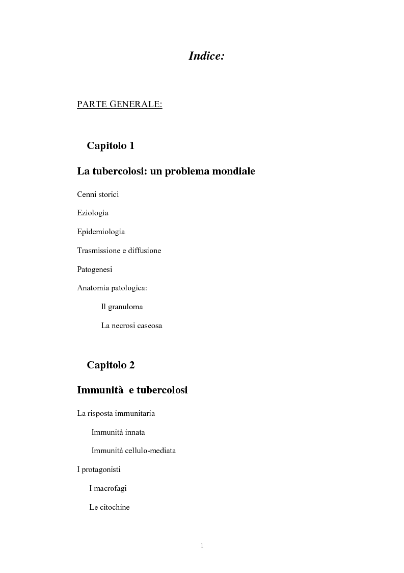 Indice della tesi: Immunità cellulo mediata in corso di Tubercolosi: ruolo delle cellule dendritiche, Pagina 1