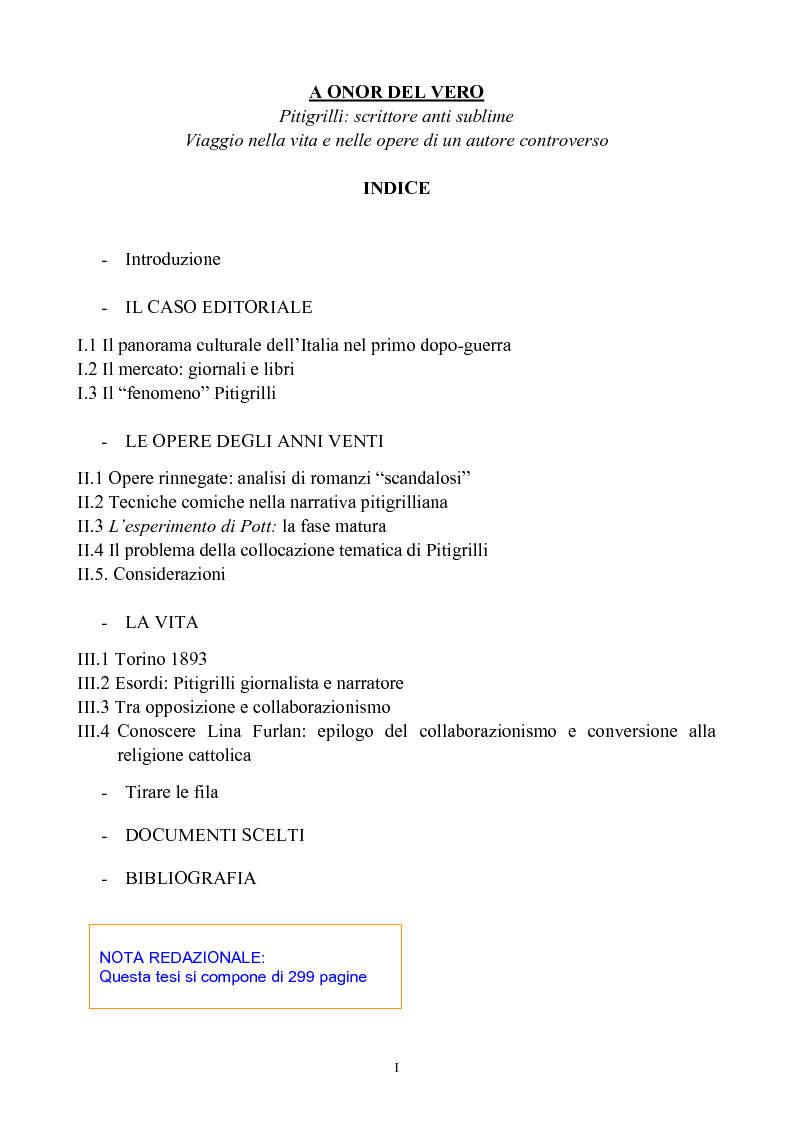 Indice della tesi: A onor del vero. Pitigrilli: scrittore anti sublime. Viaggio nella vita e nelle opere di un autore controverso, Pagina 1