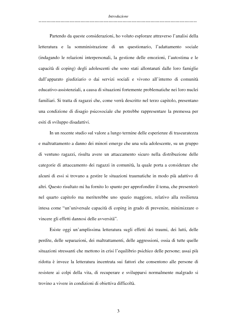Anteprima della tesi: Adolescenti allontanati dalla famiglia: tra disagio e capacità di ''resilienza'', Pagina 3