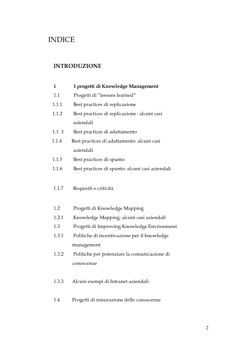 Indice della tesi: Knowledge Management: dalla tassonomia dei progetti al modello gestionale, Pagina 1