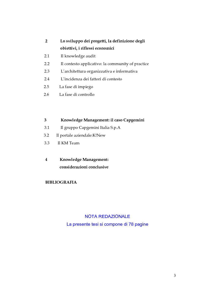 Indice della tesi: Knowledge Management: dalla tassonomia dei progetti al modello gestionale, Pagina 2
