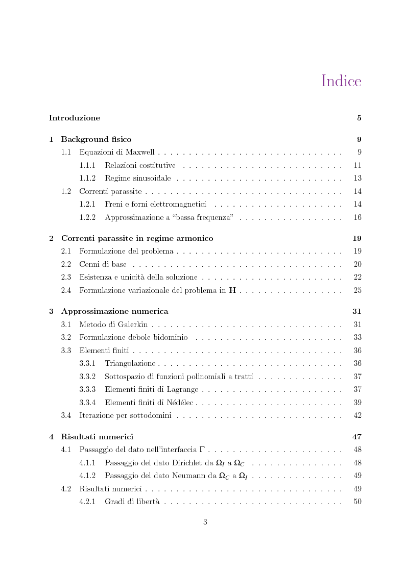 Indice della tesi: Metodo degli elementi finiti per l'approssimazione numerica del problema delle correnti parassite, Pagina 1