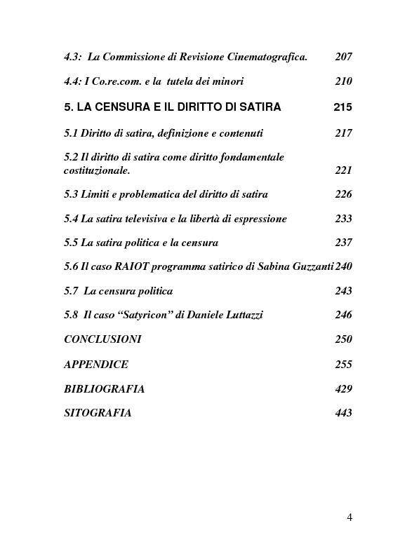 Indice della tesi: La censura nel sistema cinematografico e televisivo. Aspetti legislativi, sociali e giuridici., Pagina 3