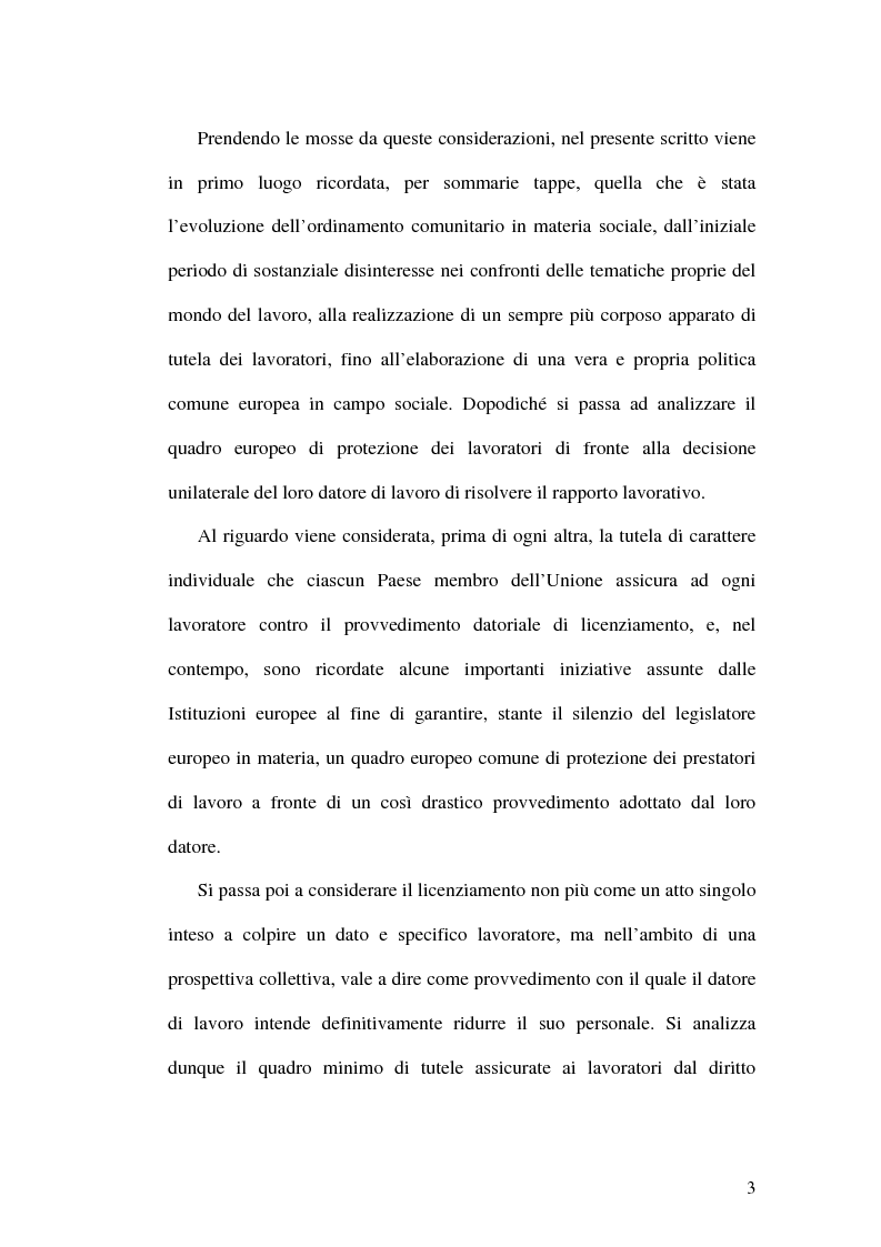 Anteprima della tesi: La tutela dei lavoratori contro i licenziamenti nell'Unione Europea e nel diritto comparato, Pagina 3
