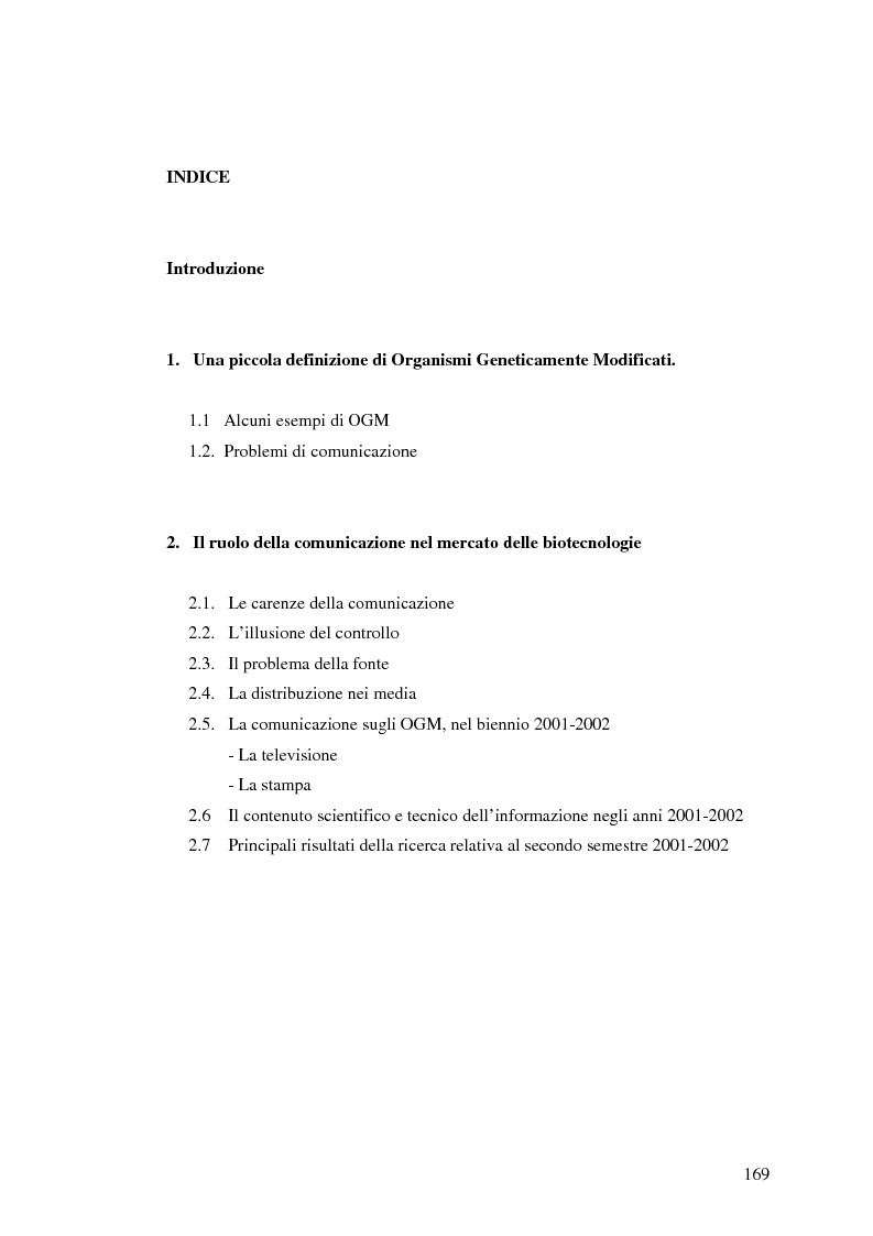 Indice della tesi: La comunicazione pubblicitaria nelle biotecnologie, Pagina 1