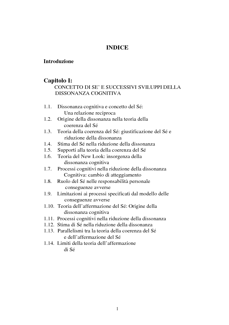 Indice della tesi: Dissonanza cognitiva e teorie del Sè. Modello del Sè Standard. Un contributo di ricerca, Pagina 1
