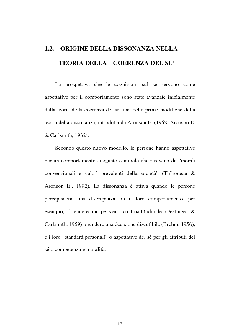 Anteprima della tesi: Dissonanza cognitiva e teorie del Sè. Modello del Sè Standard. Un contributo di ricerca, Pagina 10