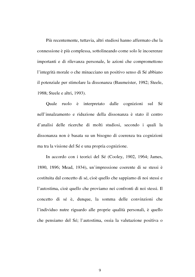 Anteprima della tesi: Dissonanza cognitiva e teorie del Sè. Modello del Sè Standard. Un contributo di ricerca, Pagina 7