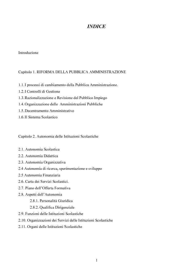 Indice della tesi: Gli effetti dell'autonomia sulla gestione e sul sistema contabile dell'istituzioni scolastiche. Un caso, Pagina 1