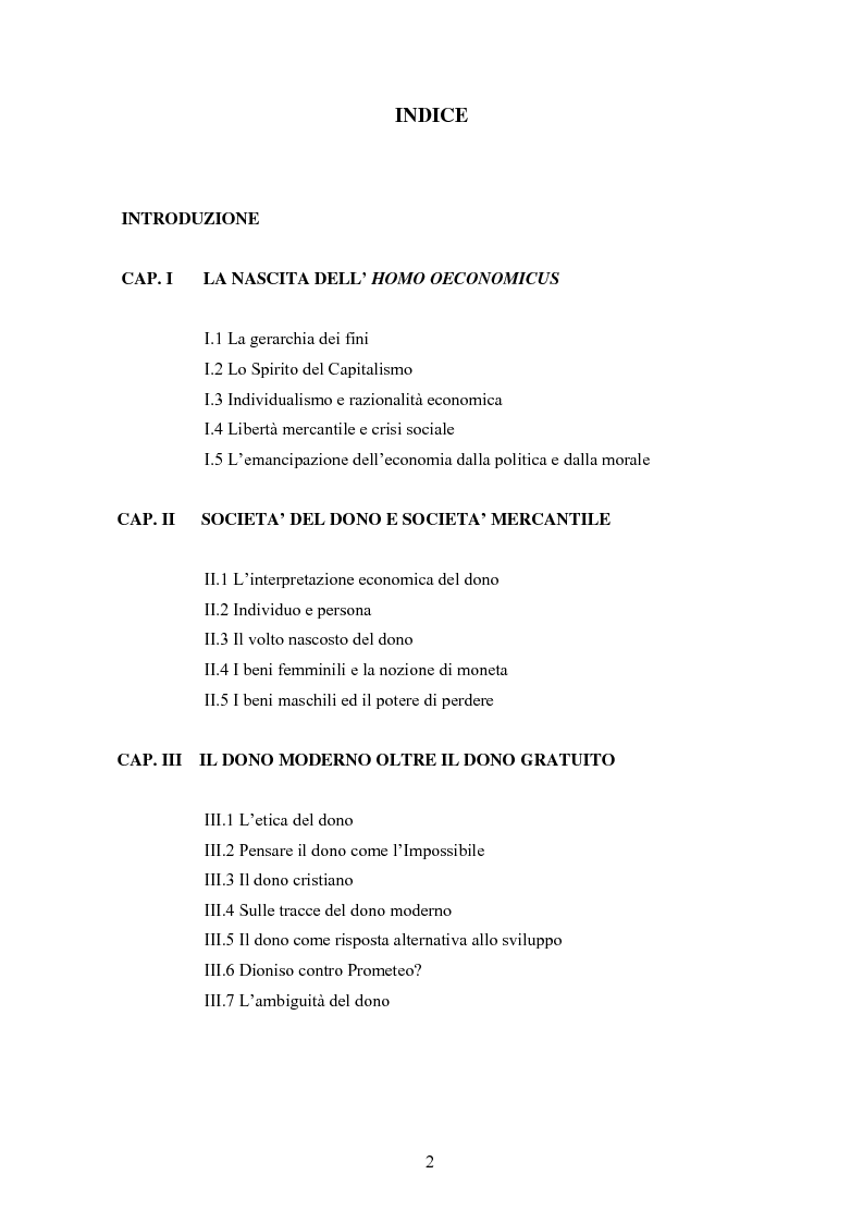 Indice della tesi: A partire da Marcel Mauss: il paradosso del dono fra reciprocità e dispendio., Pagina 1