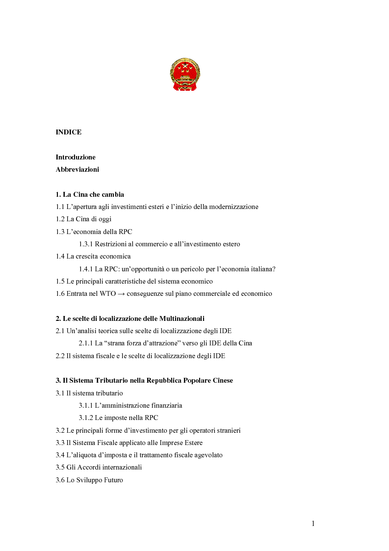 Indice della tesi: Gli Investimenti Diretti Esteri Nella Cina Del Nuovo Millennio: Aspetti Tributari, Pagina 1