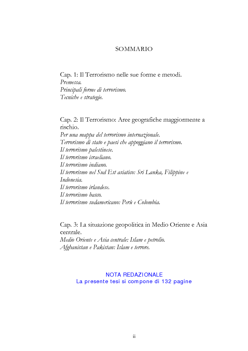 Indice della tesi: Geopolitica del terrorismo: rassegna di dati recenti., Pagina 1