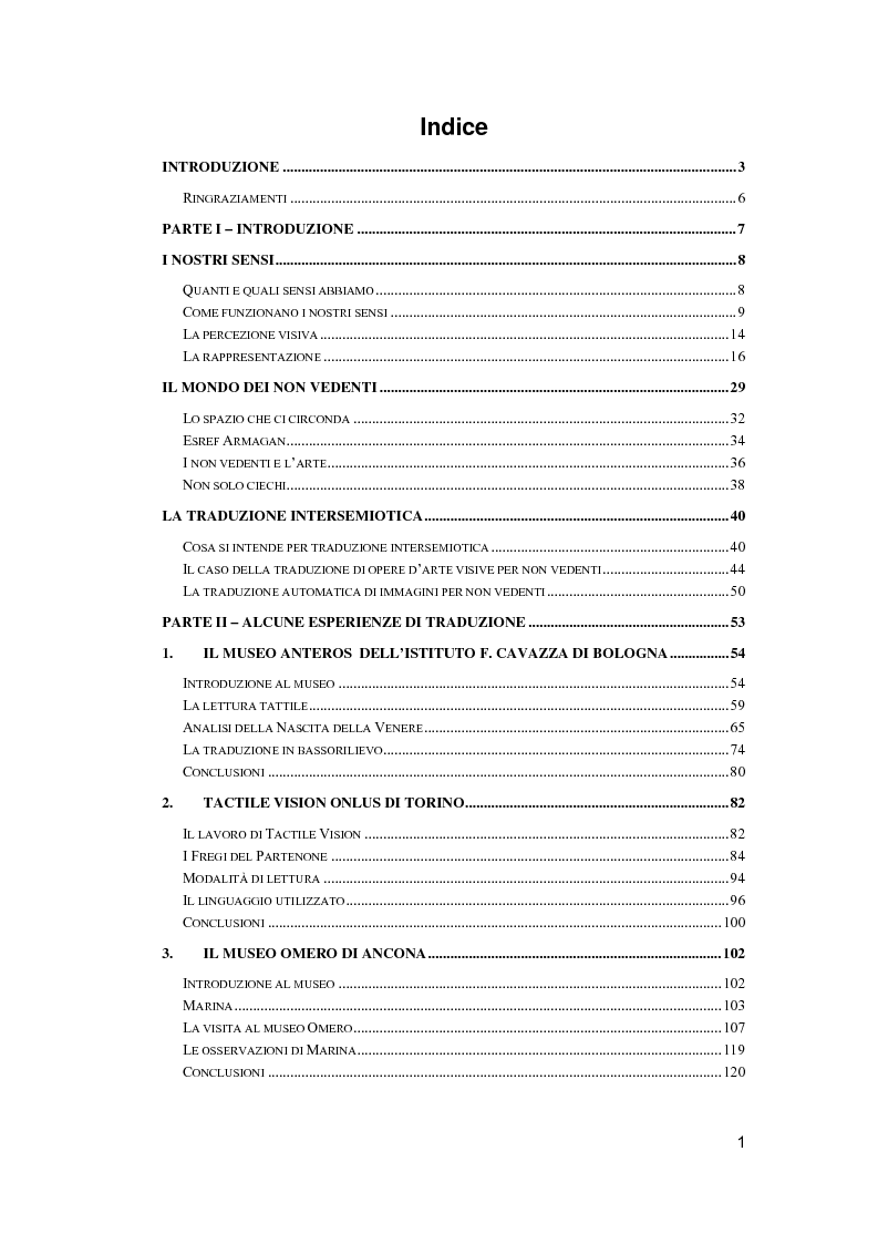 Indice della tesi: Arti visive per non vedenti, Pagina 1