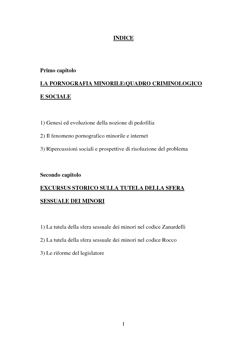 Indice della tesi: La pornografia minorile su Internet e le tecniche per contrastarla, Pagina 1
