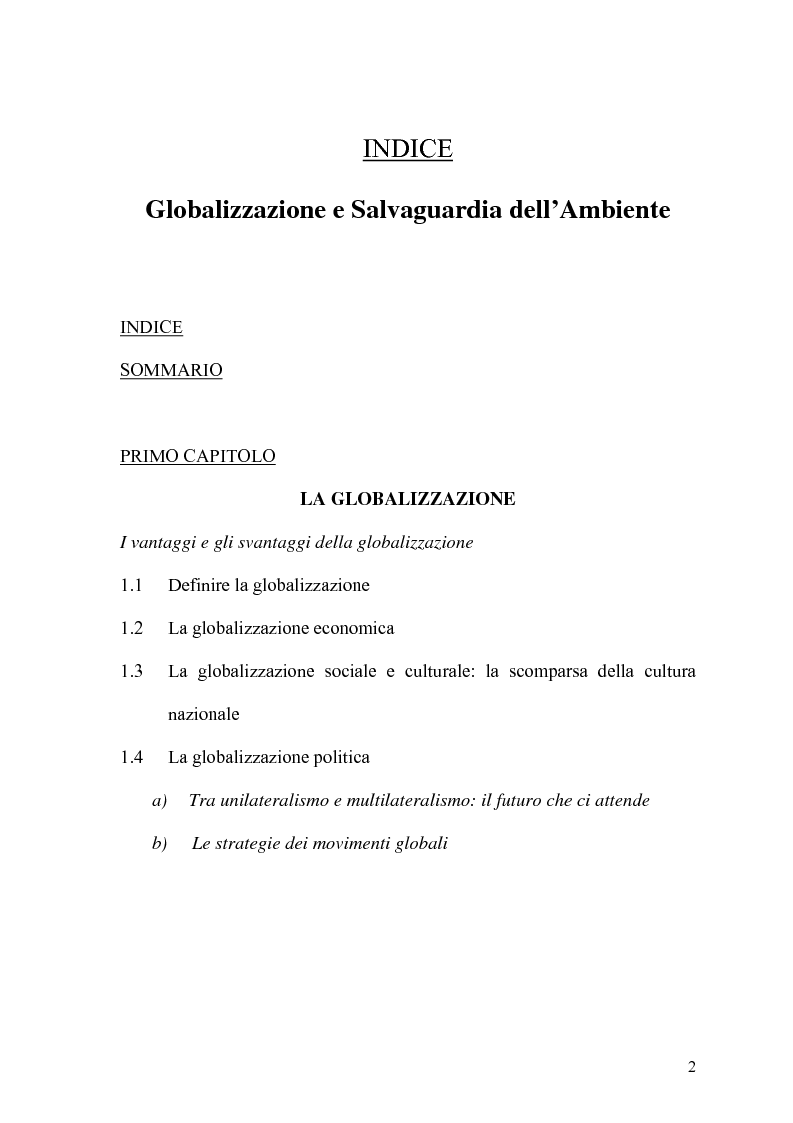 Indice della tesi: Globalizzazione e salvaguardia dell'ambiente, Pagina 1