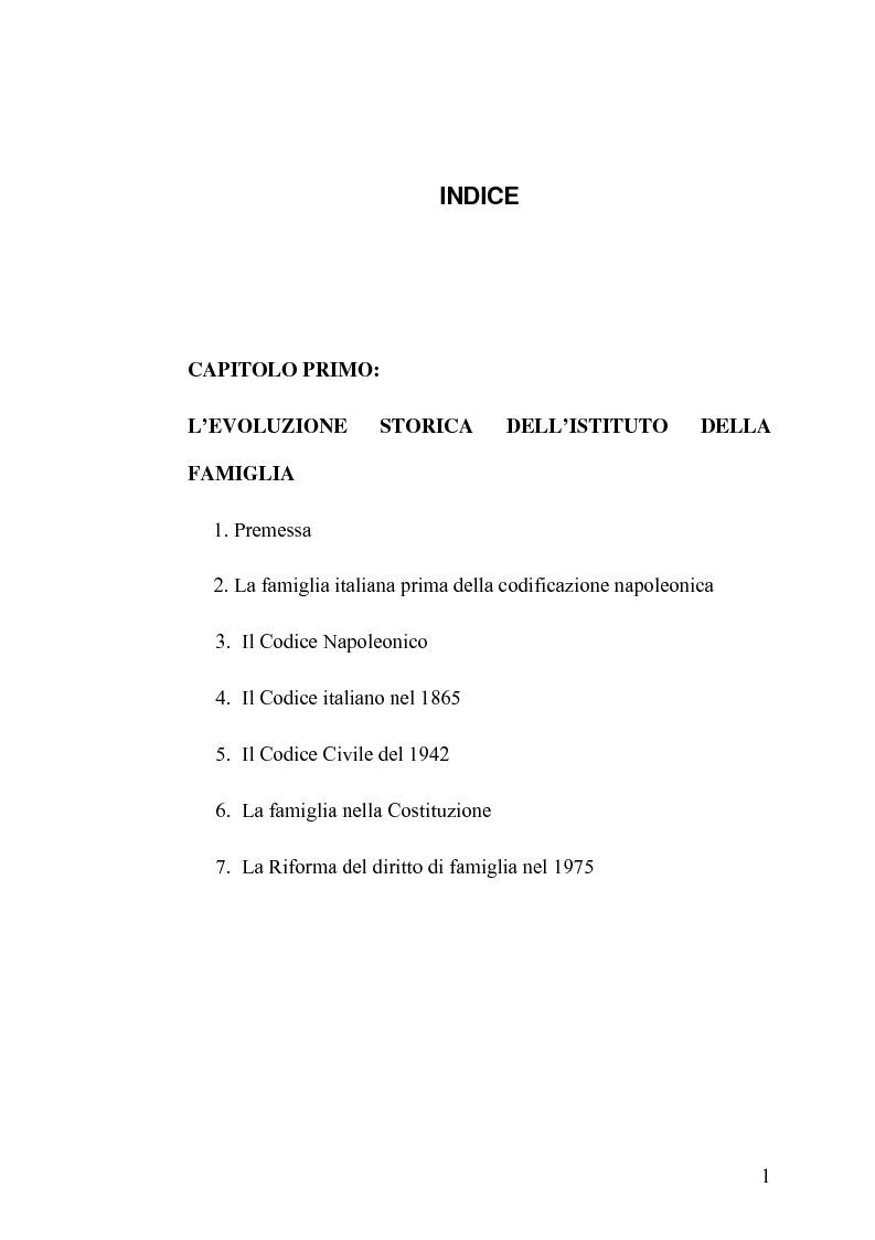 Indice della tesi: La famiglia legittima e la famiglia di fatto tra paralisi statale e iperattivismo regionale, Pagina 1