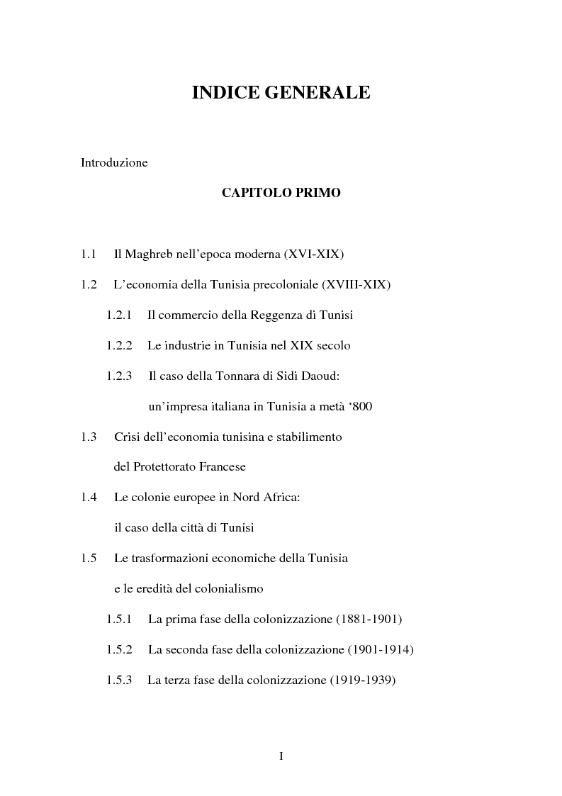 Indice della tesi: Gli investimenti stranieri nel Nord Africa in orospettiva storica: il caso della Tunisia, Pagina 1