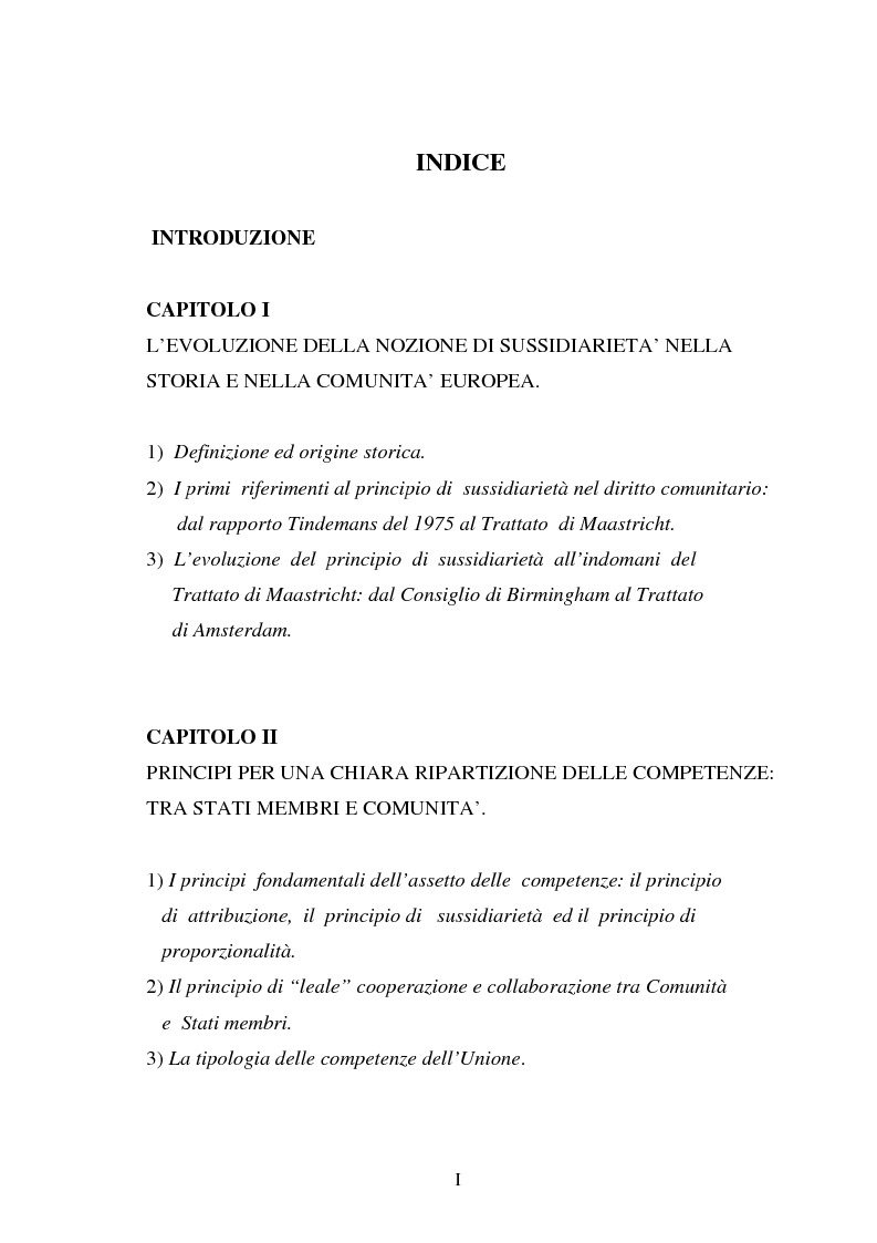 Indice della tesi: Il principio di sussidiarietà nel diritto comunitario, Pagina 1