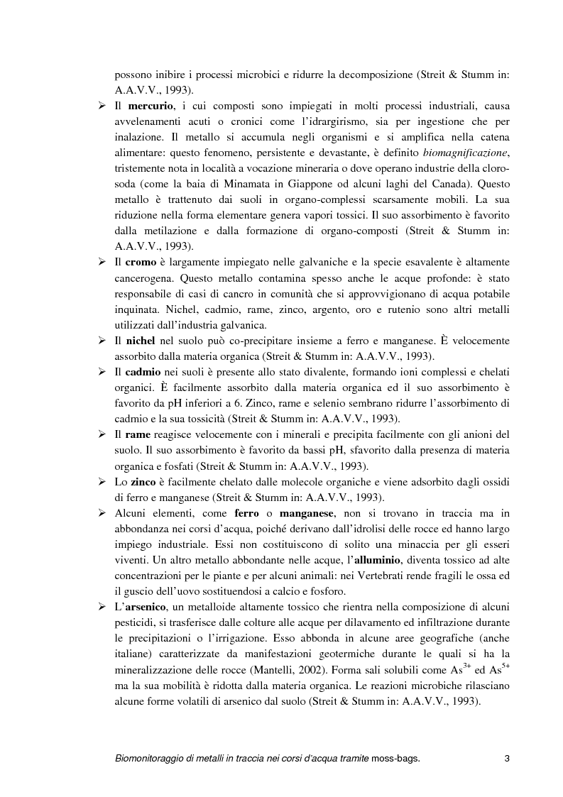 Anteprima della tesi: Biomonitoraggio di metalli in traccia nei corsi d'acqua tramite moss-bags, Pagina 3