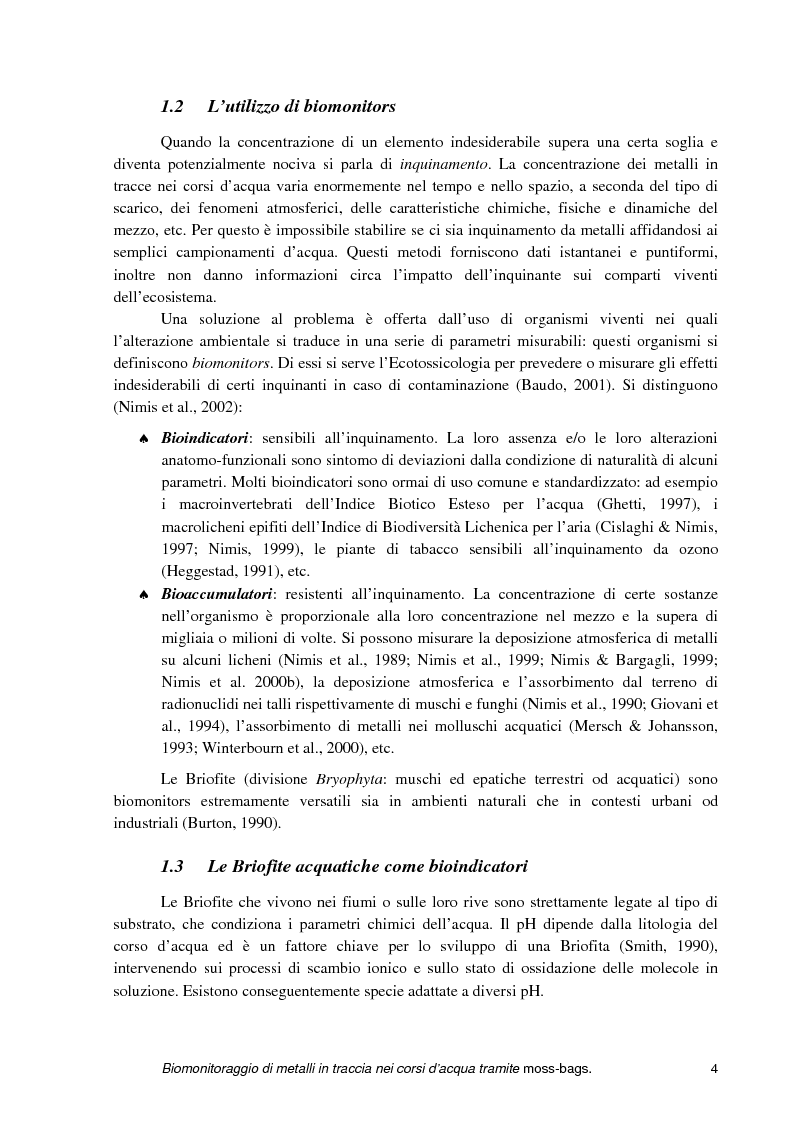 Anteprima della tesi: Biomonitoraggio di metalli in traccia nei corsi d'acqua tramite moss-bags, Pagina 4