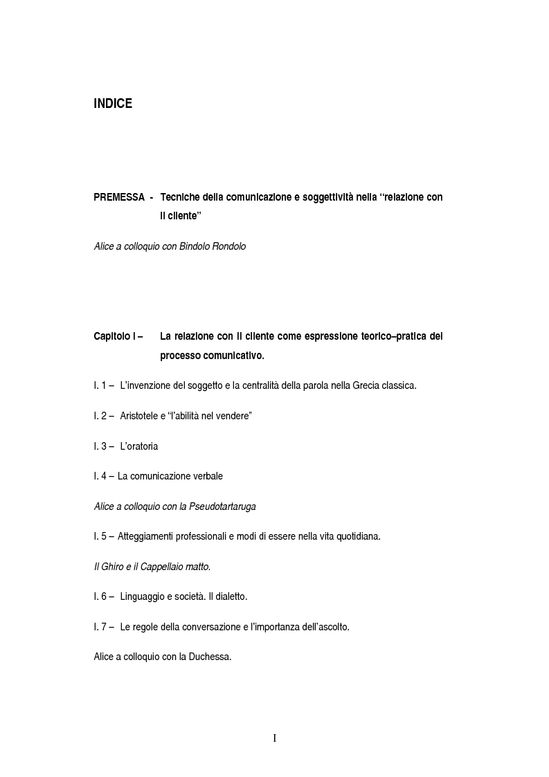 Indice della tesi: Tecniche della comunicazione nella '' Relazione con il cliente'', Pagina 1